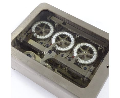 A fine quality 3-dial time lock mechanism for a commercial safe, with steel mechanism stamped Sargent &amp; Greenleaf, with e