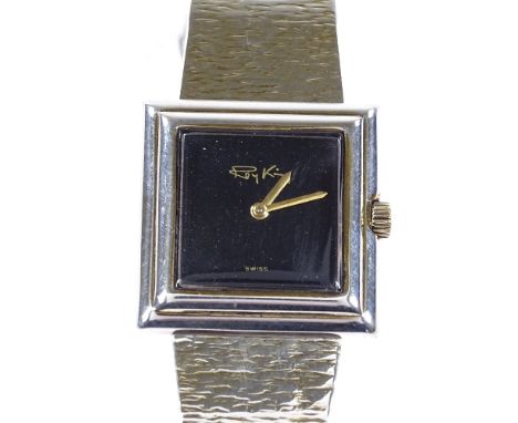 ROY KING - a sterling silver designer mechanical bangle wristwatch, black dial with square stepped case and textured strap, h