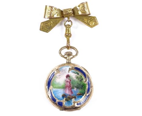 A Continental 12.5ct gold open-face top-wind fob watch, with detailed coloured enamel caseback scene, depicting lady on rocks
