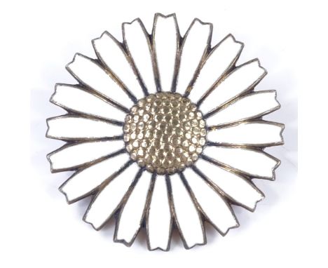 An Anton Michelsen Danish sterling silver-gilt and white enamel daisy brooch, brooch diameter 42.4mm, 16.9g, in original box 