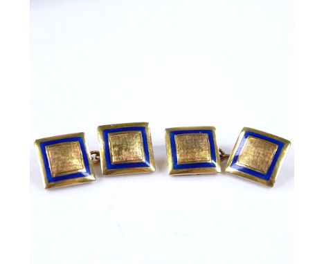A pair of unmarked gold and blue enamel square cufflinks, with textured central panels, panel length 11.3mm, 8.1g 
