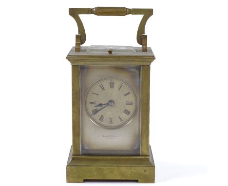 A French 8-day brass-cased carriage clock, silvered dial signed R &amp; W Sorley Paris, repeat movement striking on a gong, c