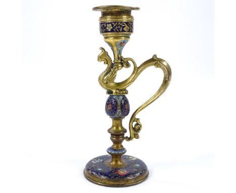A 19th century gilt-brass and champleve enamel Griffon design candlestick, height 14cm 