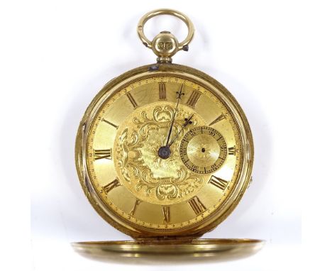 A 19th century 18ct gold full hunter key-wind pocket watch, by Joshua Johnson of Liverpool, engine turned case with foliate d