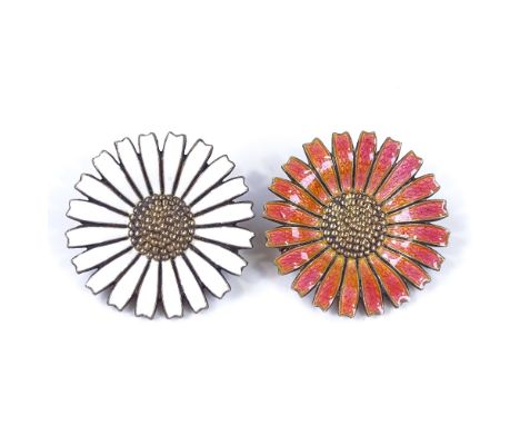 A pair of Anton Michelsen Danish sterling silver-gilt and coloured enamel daisy pattern brooches, brooch diameter 32.6mm, in 