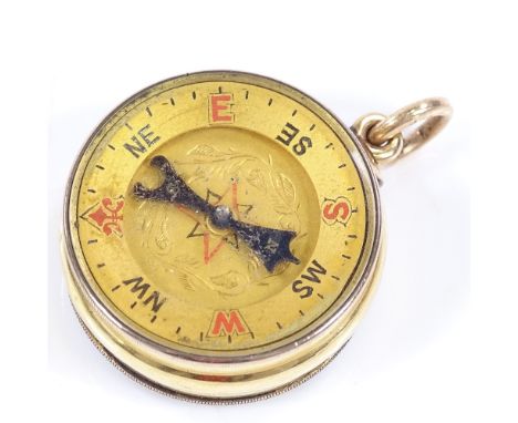 A 19th century combination double-sided fob barometer/compass, unmarked gold case, diameter 26mm 