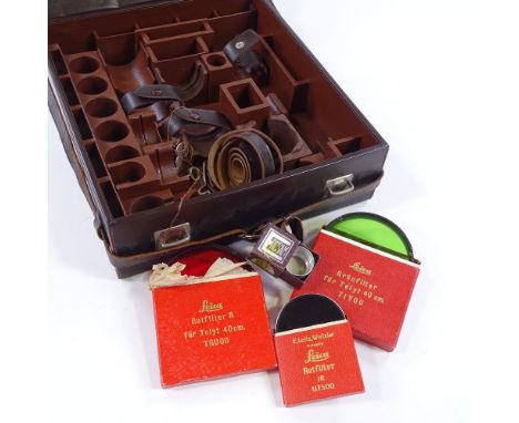 A Vintage Leica leather camera case, 29cm x 32cm, containing 3 original Leica filters 