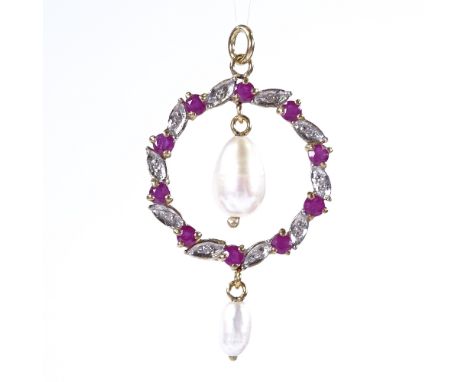 An unmarked gold pearl ruby and diamond circular pendant, with drop fittings, pendant height 37.6mm, 2.7g 