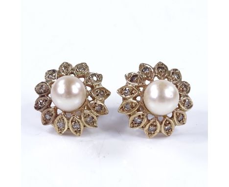 A pair of 9ct gold pearl and diamond cluster earrings, with stud fittings, earring diameter 1.53mm, 5.5g 