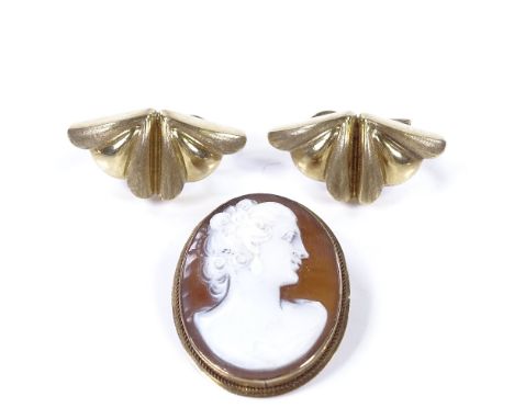 A pair of 9ct gold textured earrings with clip and post fitting, earring height 27.2mm, 8.1g, together with a relief carved c