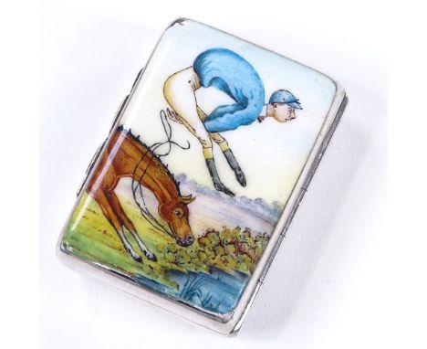 A late Victorian novelty silver and enamel horse racing Vesta case, with comical lid depicting horse throwing off jockey, wit