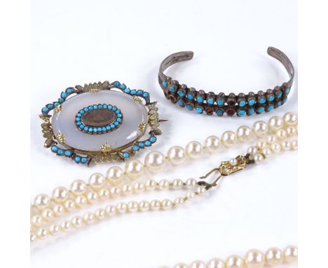 An unmarked gold chalcedony and turquoise memorial brooch, 2 pearl necklaces with gold clasps, and a turquoise bangle (4) 