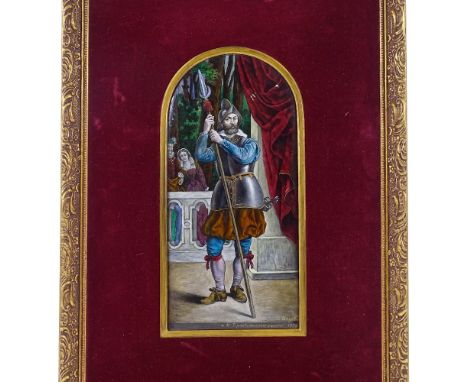 Theophile Soyer (1841-1915), 19th century painted enamel convex arch-top plaque depicting an Italian man in armour, signed an
