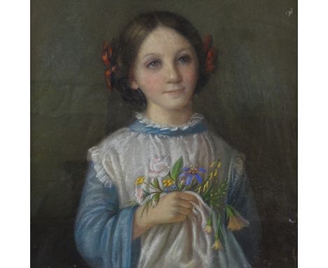 19th century coloured pastels, portrait of a girl with flowers, unsigned, 24" x 21", framed 