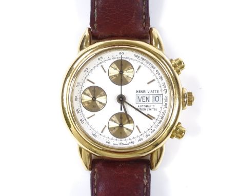 HENRI VIATTE - a gold plated limited edition automatic chronograph wristwatch, white dial with 3 subsidiary dials, day date a