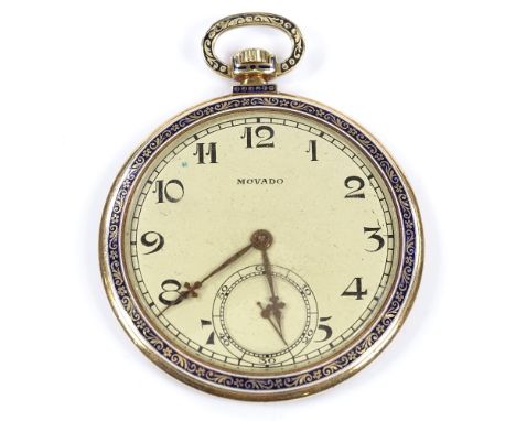 MOVADO - an Art Deco 14ct gold and enamel open-face top-wind slimline pocket watch, 17 jewel movement with enamelled bezel, D