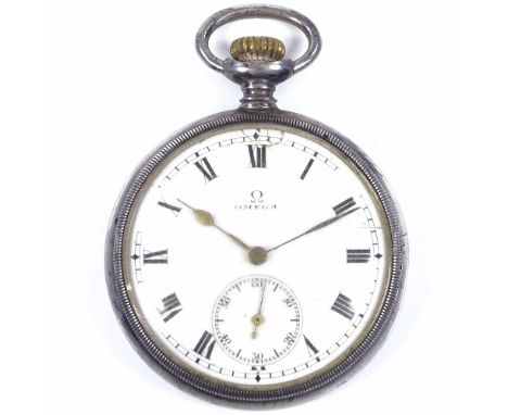 OMEGA - a sterling silver-cased open-face top-wind pocket watch, white enamel dial with Roman numeral hours markers and subsi