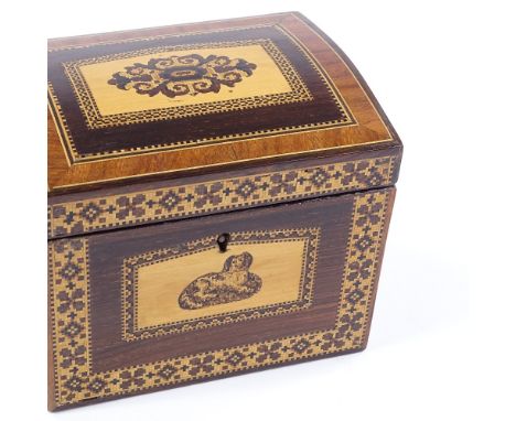 A Victorian Tunbridge Ware dome-top tea caddy, inlaid micro-mosaic bands with Spaniel design to the front panel, fitted inner