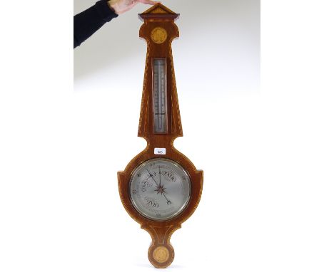 An Edwardian mahogany and satinwood inlaid aneroid wall barometer and thermometer 