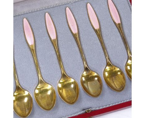 A set of 6 Danish sterling silver-gilt and pink enamel coffee spoons, by Frigast, length 9.5cm 