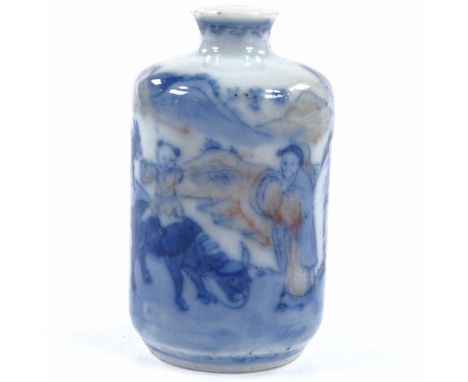 A Chinese blue and white porcelain snuff bottle, with hand painted decoration, wax seal under base, height 6.5cm 