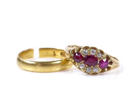 An 18ct gold ruby and diamond cluster half-hoop ring, setting height 8.7mm, size K, 3g (shank bent inwards), together with a 