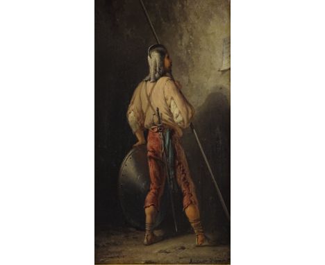 19th century oil on wood panel, portrait of a soldier, indistinctly signed, 16" x 8", framed 