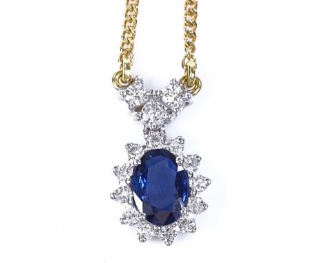 An 18ct gold sapphire and diamond cluster pendant necklace, with diamond set bale and 18ct chain, pendant height excluding ba