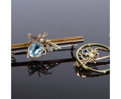 A 15ct gold sapphire and pearl figural spider brooch, diameter 24.4mm, 2.8g, together with a 9ct gold blue stone and split-pe