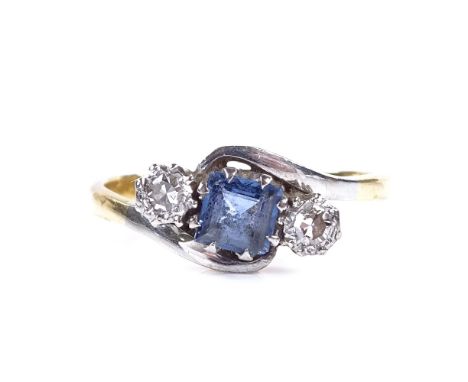 An 18ct gold 3-stone sapphire and diamond crossover ring, total diamond content approx 0.1ct, setting height 7.8mm, size O, 3