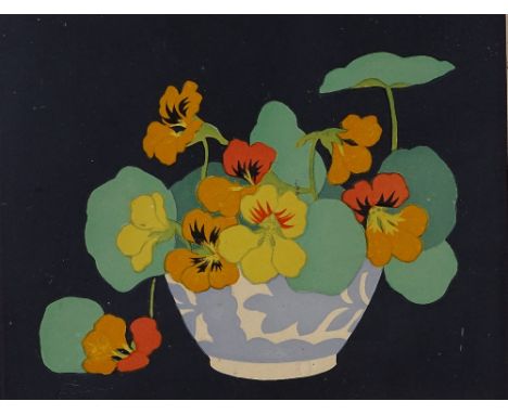 John Paul Thorpe, colour woodcut print, Nasturtiums, signed in pencil, image 9" x 11.5", framed 