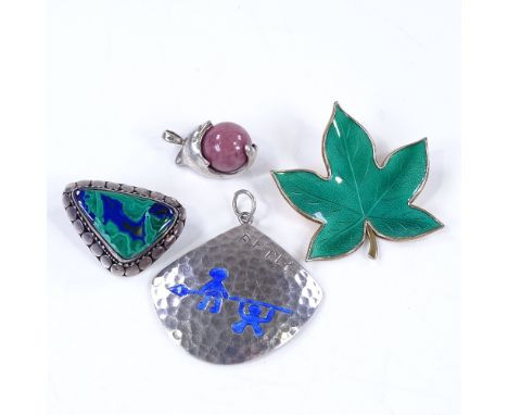 A Danish silver-gilt and green enamel leaf brooch, together with various other Scandinavian silver jewellery (4) 