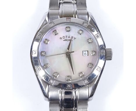 ROTARY - a lady's stainless steel Rocks quartz wristwatch, diamond set mother-of-pearl dial with date aperture, case width 30