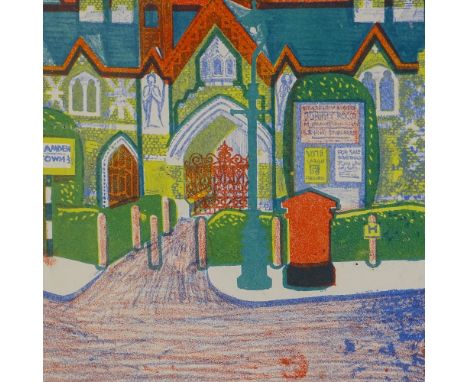 Mid-20th century colour print, street scene, unsigned, 10" x 17", framed 