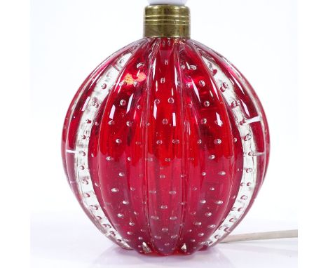 Whitefriars ruby glass lamp base with internal bubble design, 11cm diameter, height 13cm 
