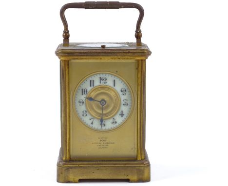 A French 8-day brass-cased carriage clock, enamel dial signed Dent of London, repeat movement striking on a gong, case height