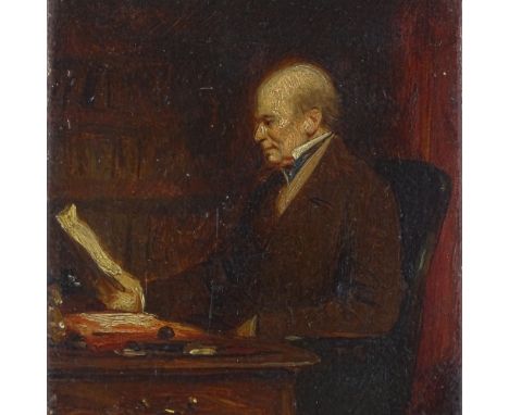 19th century oil on board, portrait of a man at a desk, inscribed verso Birket Foster (exhibited at the Royal Academy), unsig