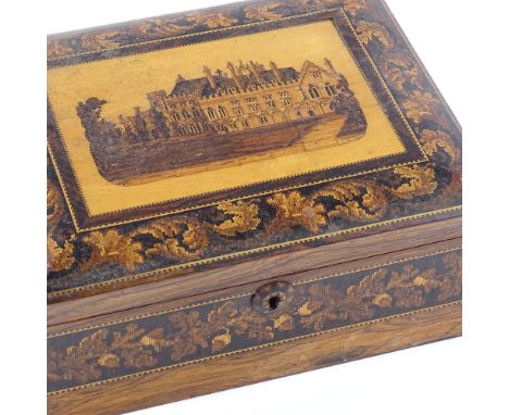 A Victorian Tunbridge Ware box, micro-mosaic lid depicting Battle Abbey Cloisters in leaf decorated surround, concave sides, 