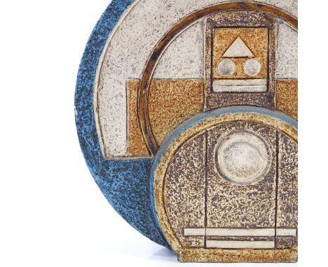 A Troika Pottery lamp base with relief moulded geometric design, height 27cm 