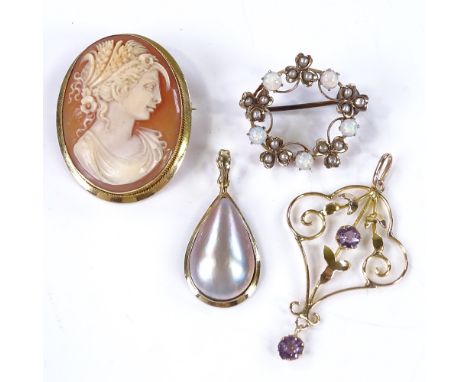 Various gold jewellery, including openwork amethyst pendant, cameo etc, 13.2g total (4) 