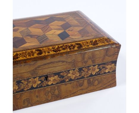 A Victorian Tunbridge Ware box, with cube parquetry inlaid lid in floral micro-mosaic surround, concave sides with floral mos