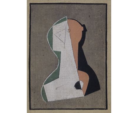 H Laurens, pochoir print, abstract portrait, unsigned, image 6" x 4.25", framed 