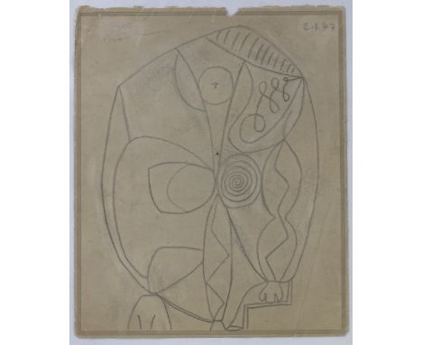 Circle of Pablo Picasso, pencil sketch, Femme Assise, dated 2/1/47, signature erased, sheet size 12" x 10", clip frame 