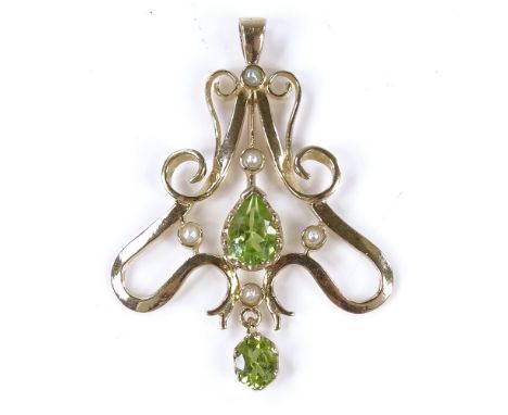 A 9ct gold peridot and split-pearl pendant, with stylised openwork settings, pendant height 36.6mm, 2.6g 