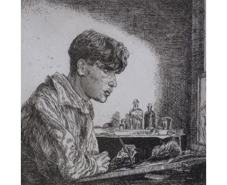 Edgar Holloway, engraving, self portrait, signed in pencil, no. 24/50, plate size 8" x 8", framed 