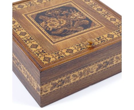A Victorian Tunbridge Ware box, floral micro-mosaic hinged lid in parquetry surround, width 15cm 