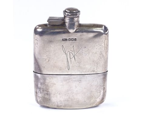 A George V curved silver hip flask, with screw top and removable cup, by James Dixon &amp; Sons Ltd, hallmarks Sheffield 1919