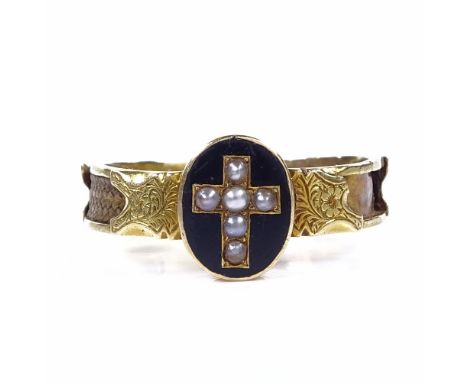 A Victorian 15ct gold split-pearl and black enamel memorial ring, with central cross panel, engraved floral shoulders and wov