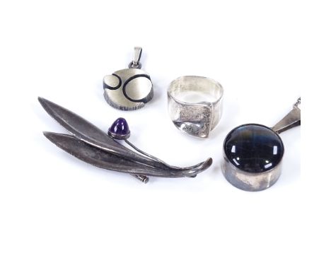 A Finnish sterling silver and amethyst brooch, by Kupittaan Kulta, 2 other Finnish pendants, and a silver fold ring (4) 