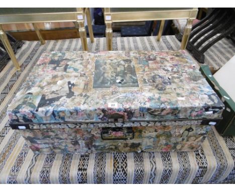 An old tin trunk decorated with decoupage